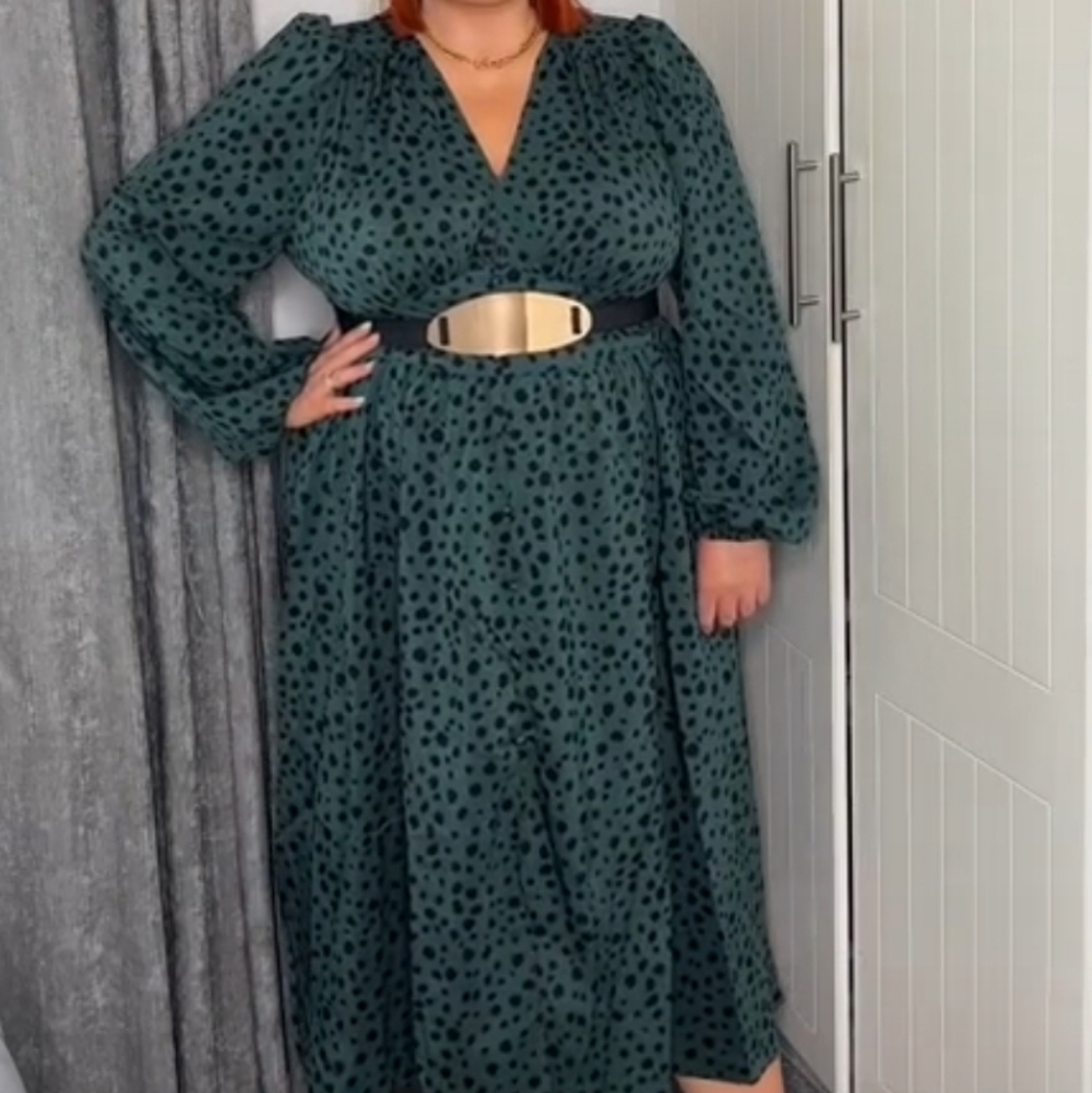 SHEIN Dark Green Polka Dot Long Sleeve Dress